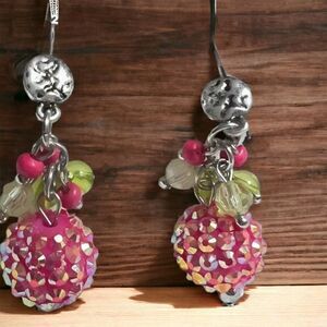 Vintage Pink Cherry Crystal Bead Lever-back Earrings